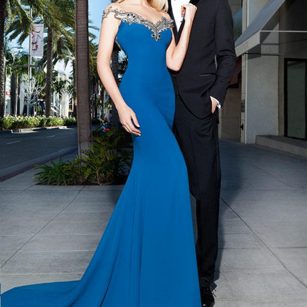 Tarik Ediz 92338 Embellish Over the Shoulder Dress